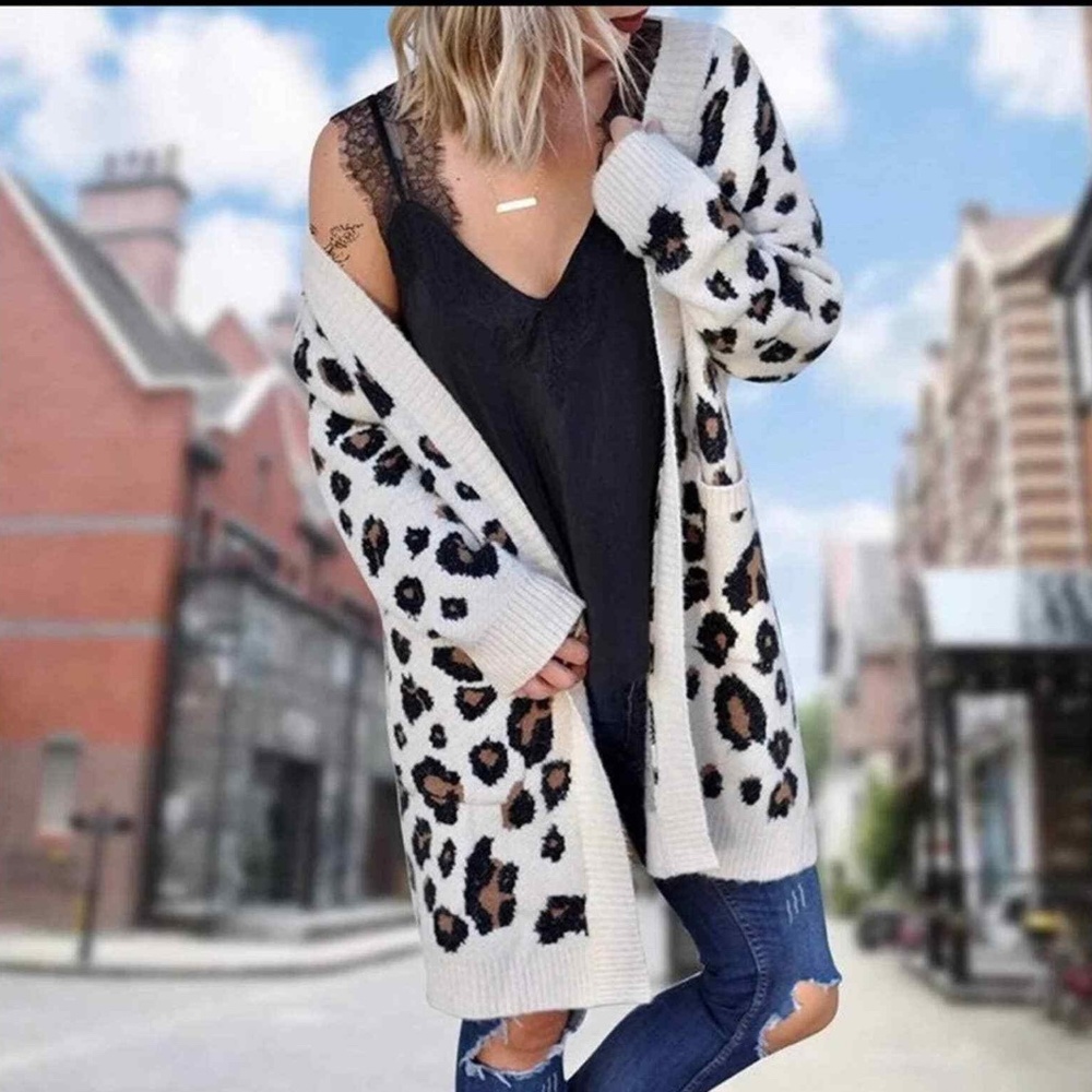 Wishlist Boutique Taupe Combo Leopard Print Open Front Cardigan, W/Pockets L